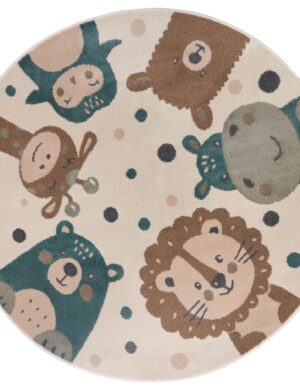Hanse Home Adventures Kindervloerkleed Rond Animal Party - Crème-bruin-blauw