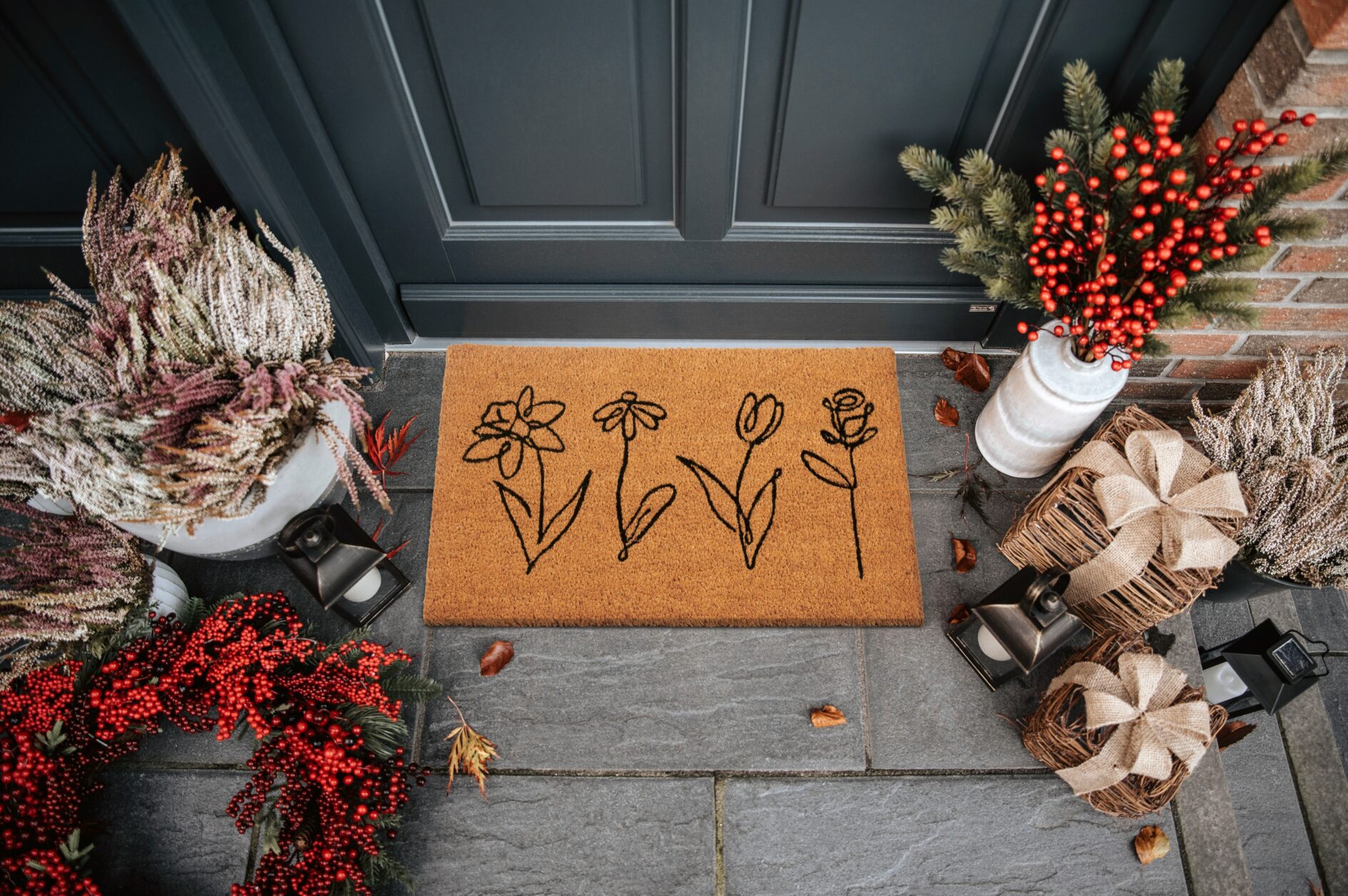 Hanse Home Mix Mats Deurmat Kokos Line-Art Flowers 40x70 cm - Kokosnoot
