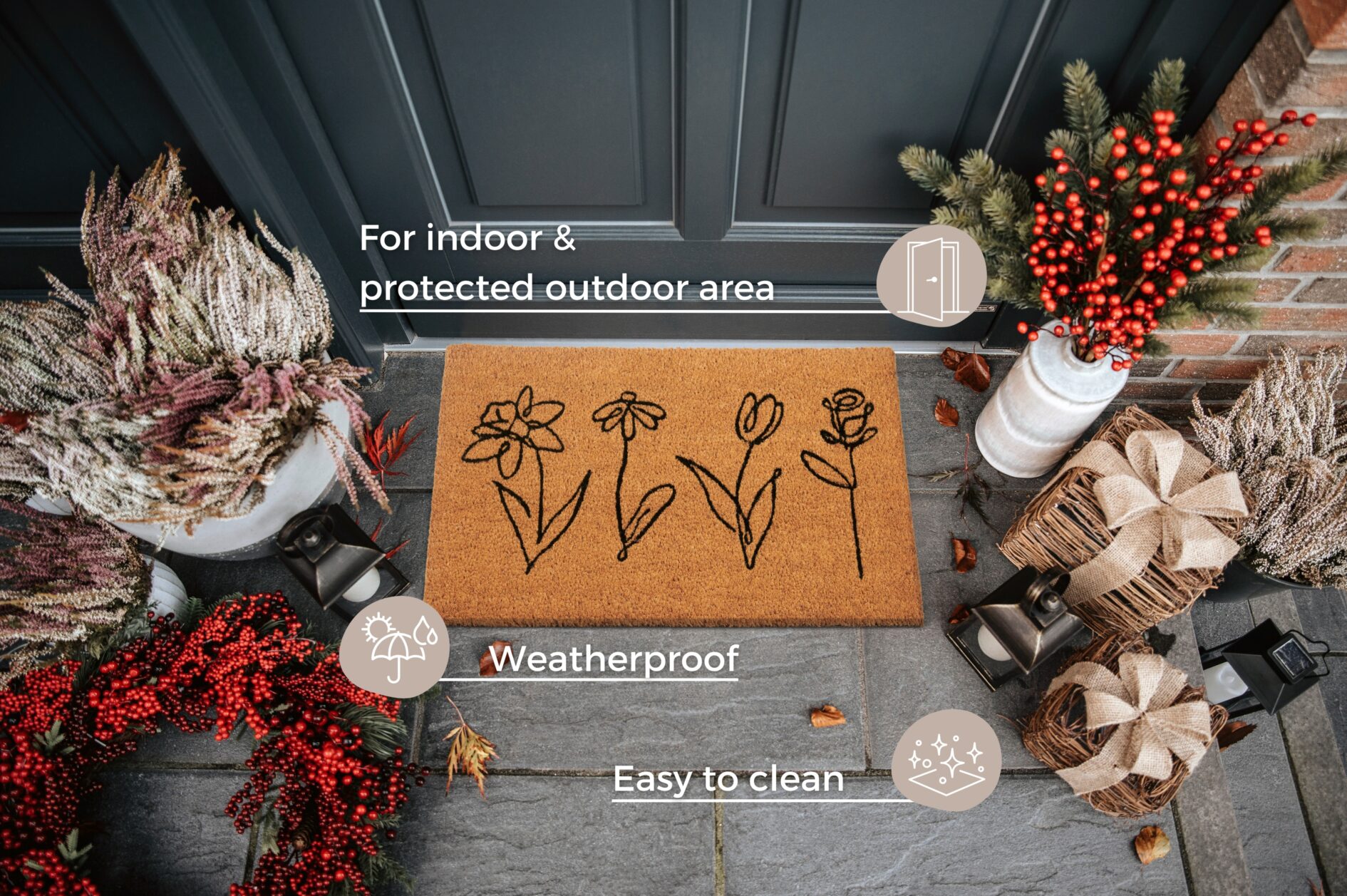 Hanse Home Mix Mats Deurmat Kokos Line-Art Flowers 40x70 cm - Kokosnoot