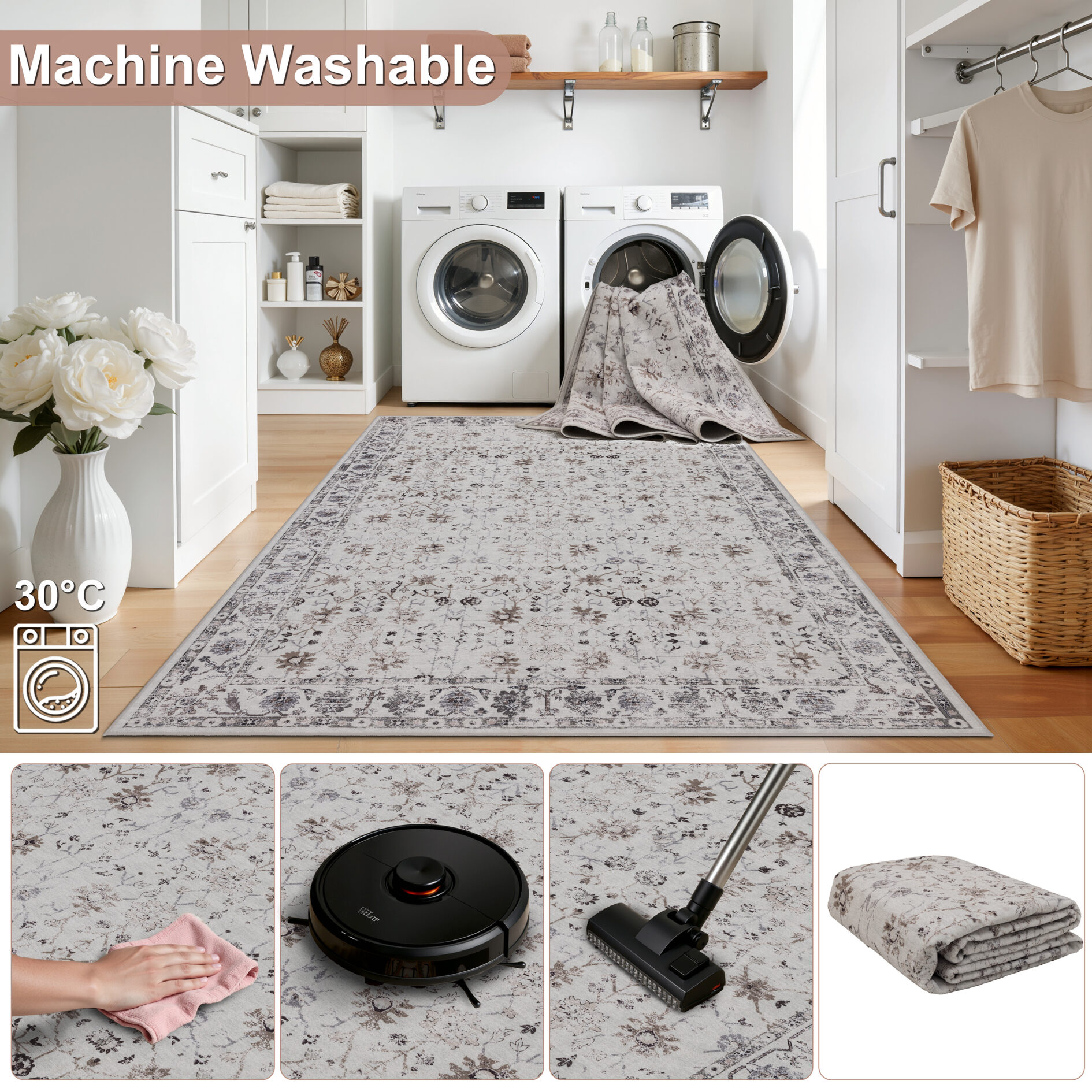 Inka wasbaar vintage vloerkleed 1142 - Crème