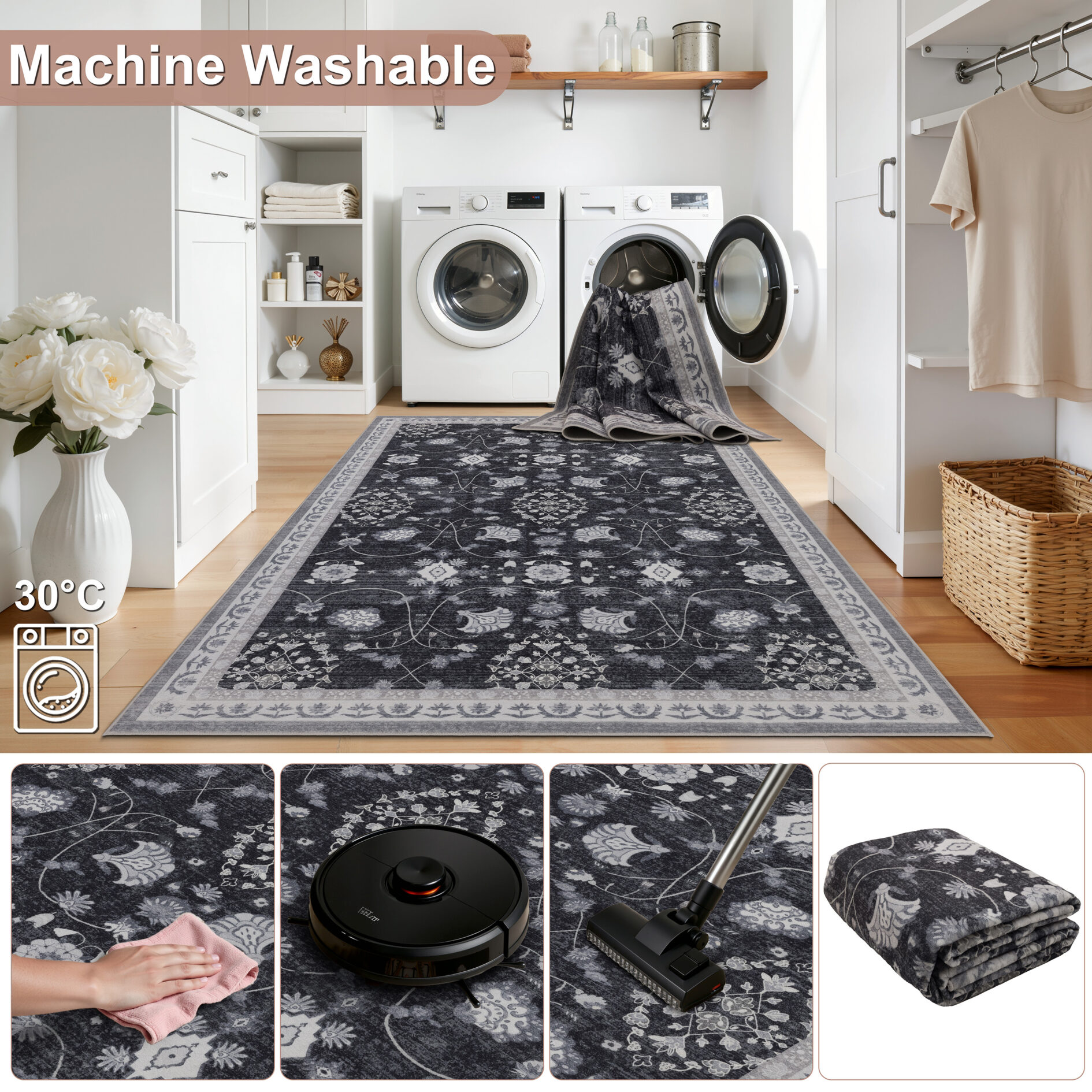 Inka Wasbaar Vintage vloerkleed 1146 - Zwart