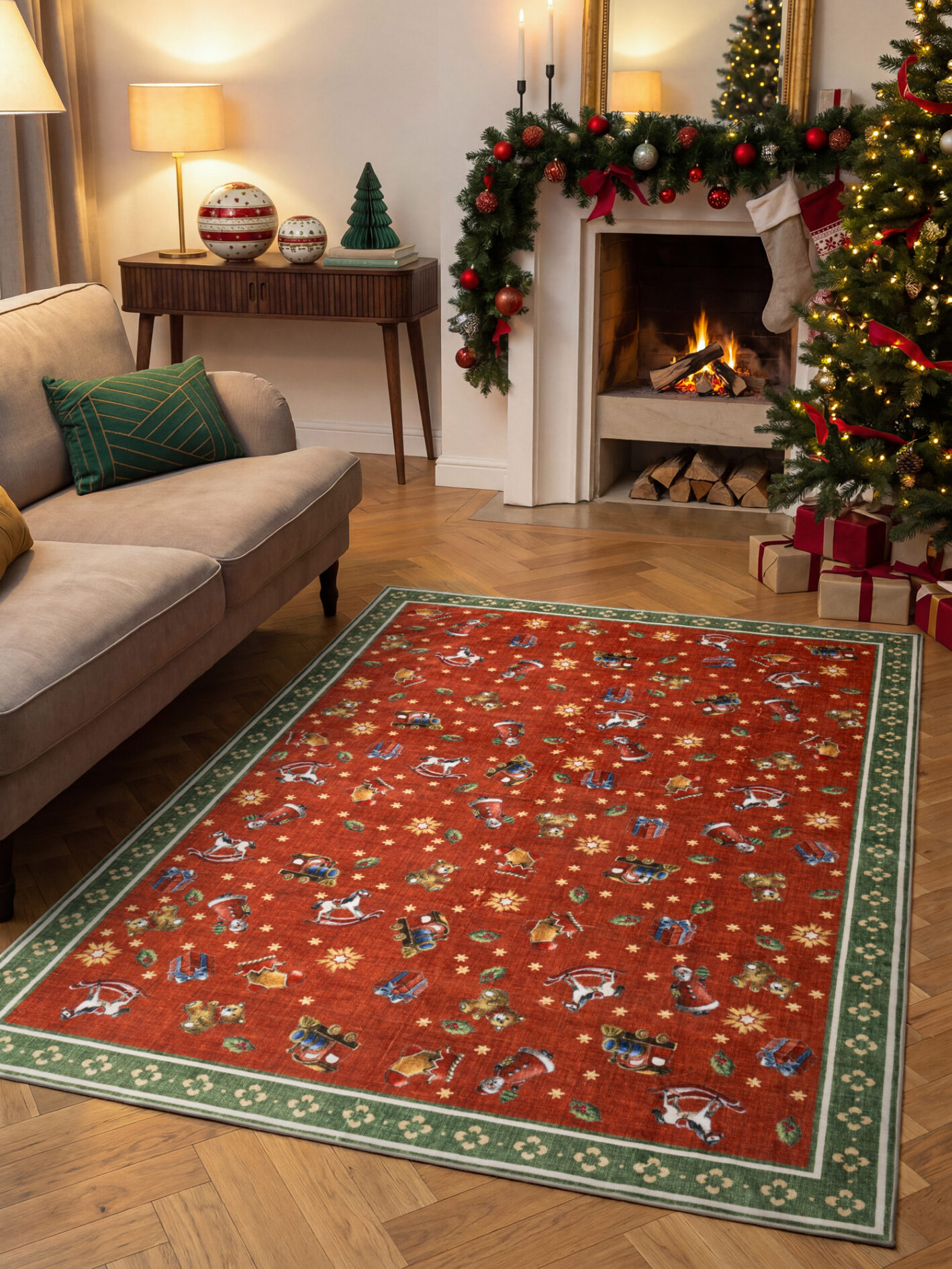 Villeroy & Boch Toy's Delight Design Vloerkleed Rond Nostalgic Noel Rood Groen