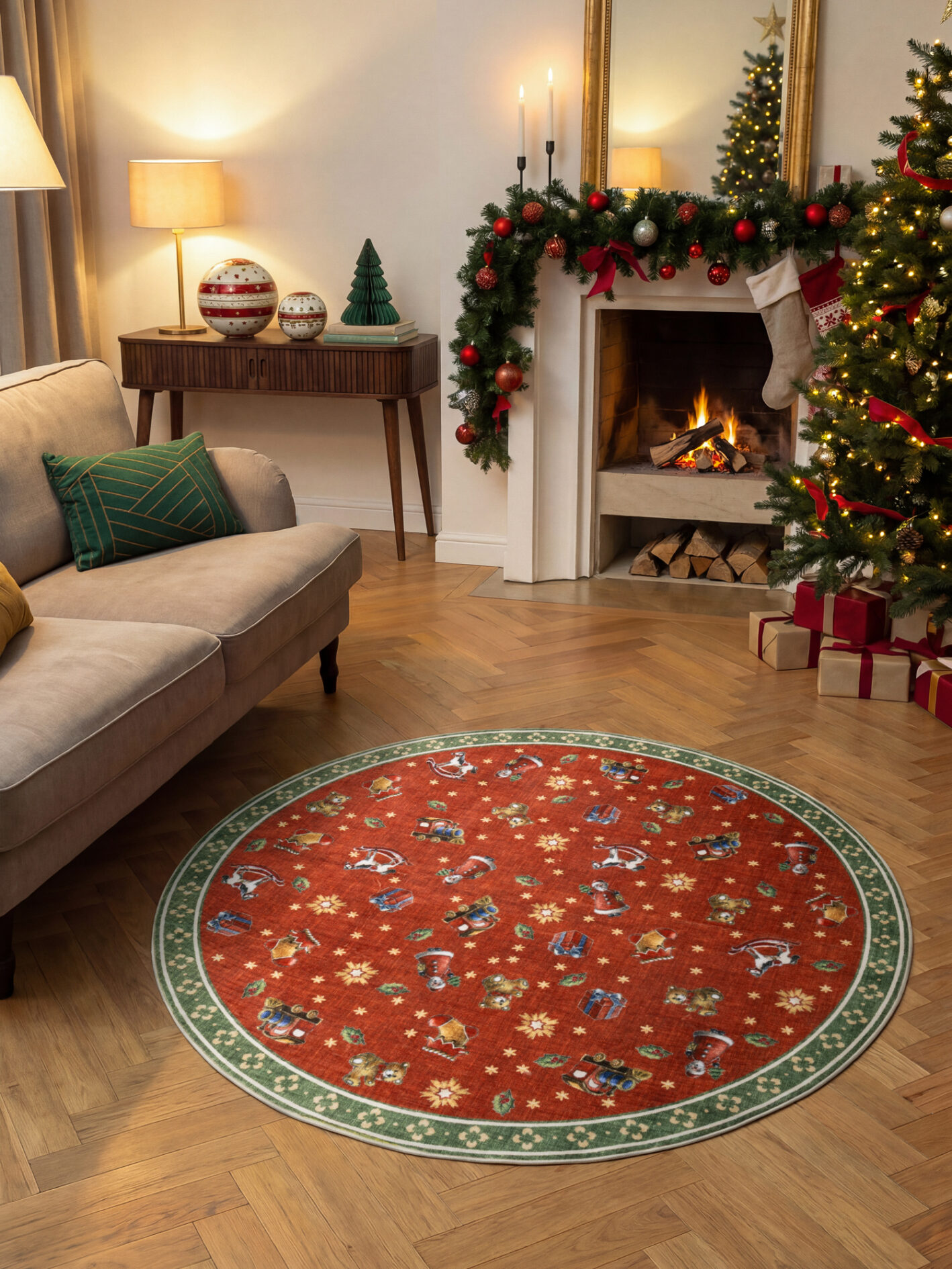 Villeroy & Boch Toy's Delight Design Vloerkleed Rond Nostalgic Noel Rood Groen